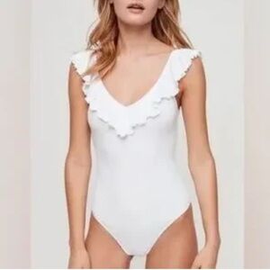 Aritzia Wilfred White Ruffle Trim Ribbed Bodysuit  Size XXS